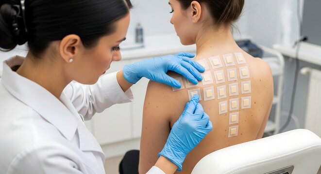 Medical professional in blue gloves applying numerous allergy test patches to a patient's upper back in a clinical setting.