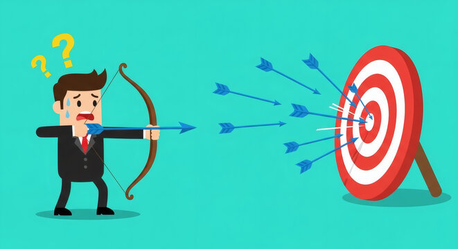 Confused businessman failing to hit the target with arrows