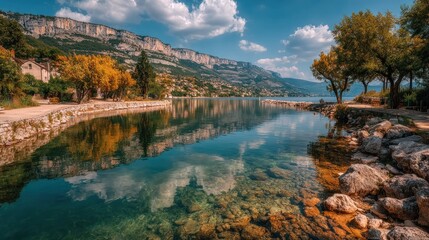 Naklejka premium Serene lakefront with mountain backdrop