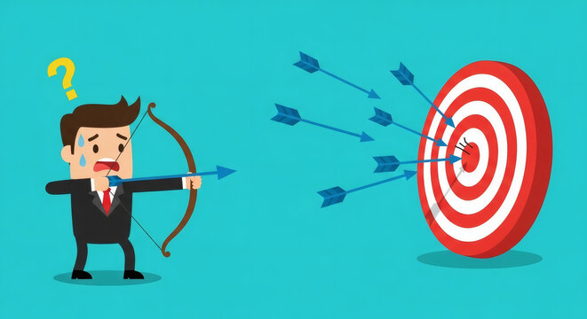 Confused businessman failing to hit the target with arrows