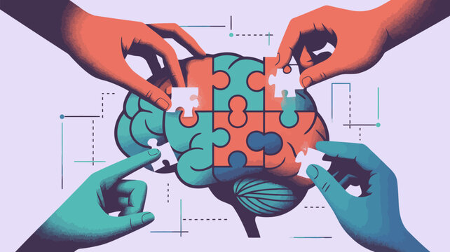 Conceptual illustration of teamwork and problem solving with hands assembling a brain puzzle on a light purple background