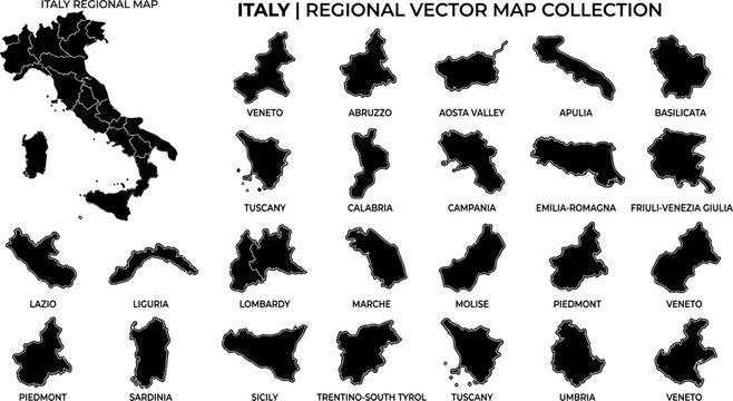 Italy regional vector map collection with twenty regions and their names labeled