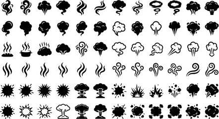 Fototapeta premium Collection of various smoke explosion and fire icons in different styles and shapes