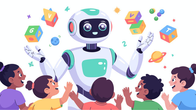 Friendly robot interacting with a group of happy children in a classroom setting, learning and playing with colorful blocks