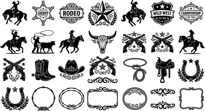 Set of black western themed silhouettes and decorative elements on white background