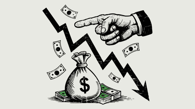 Hand pointing at a downward trend arrow with money bag and cash, financial crisis and economic recession concept