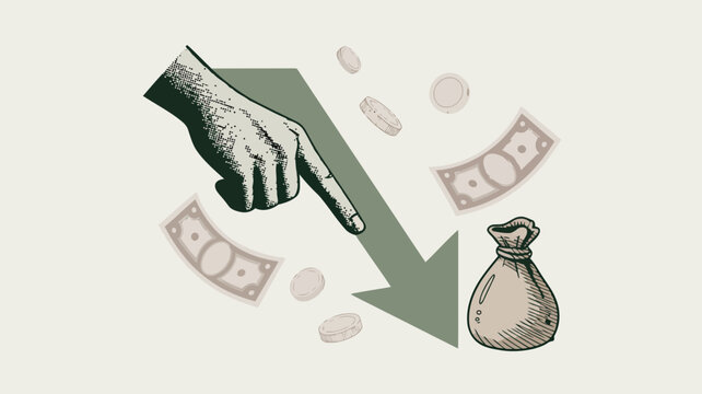 Hand pointing at a downward arrow with money falling into a money bag