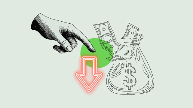 Illustration of a hand pointing at a money bag with a downward arrow symbol representing financial decline or loss