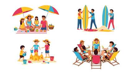Fototapeta premium Summer Vacation Collage: A vibrant collage depicting various scenes of summer vacation activities, including a family picnic under umbrellas, surfers with their boards, children building a sandcastle.