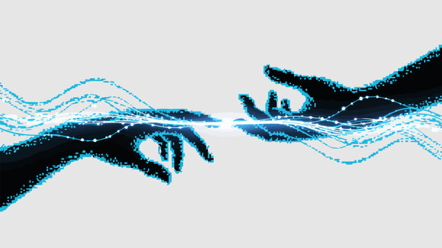 Digital connection between two hands, representing artificial intelligence, technology, and humanmachine interaction