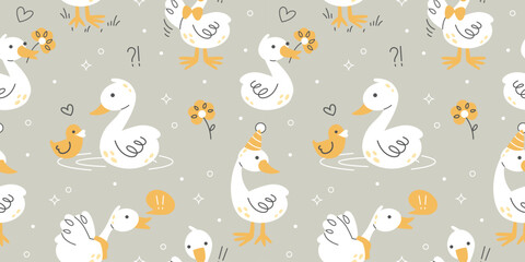 Obraz premium Goose funny seamless pattern. Cute duck muscot cartoon pastel background. Hand drawn doodle style bird characters on gray background. White geese, yellow ducklings, party hat, repeat texture.
