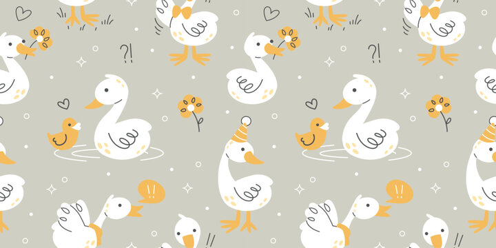 Goose funny seamless pattern. Cute duck muscot cartoon pastel background. Hand drawn doodle style bird characters on gray background. White geese, yellow ducklings, party hat, repeat texture.