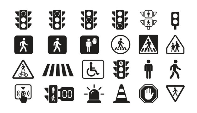 Pedestrian and traffic safety icons for road signage. Vector illustration
