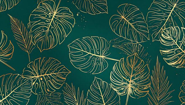 Elegant monstera leaf pattern with intricate gold filigree detail on a deep teal background, opulent botanical design
