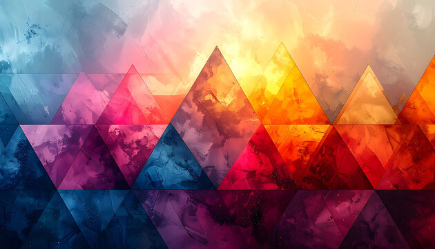 geometric mountain range with watercolor texture overlay, vibrant sunset colors, abstract landscape