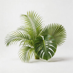 Obraz premium A studio shot of assorted tropical green foliage including palm fronds and monstera leaves, arranged on a clean white background.