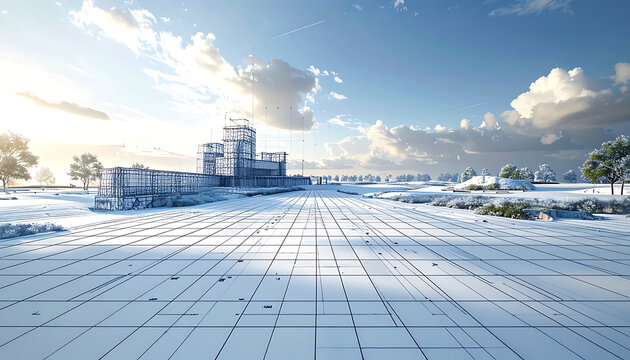 Digital landscape with a futuristic city ruin in the distance, under a vast cloudy sky with sunbeams, detailed grid pattern in foreground