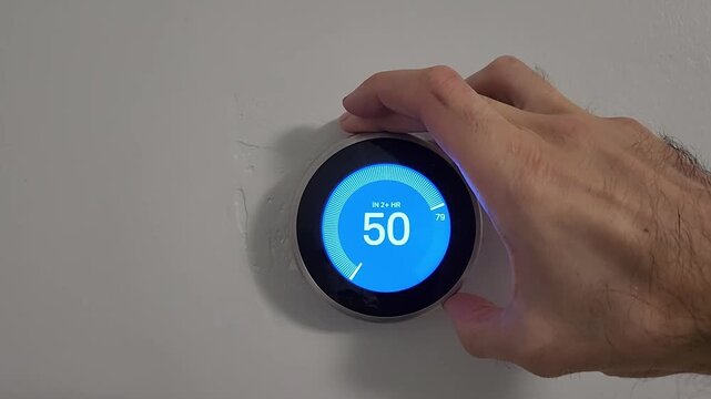 Hand adjusting smart thermostat temperature on wall mounted controller