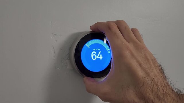 Video footage showing a hand interacting with a smart thermostat interface mounted on a wall. Residential heating and cooling management using smart home technology.