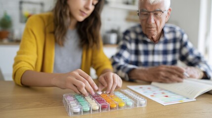 Fototapeta premium Young woman organizing medicine for elderly man with weekly pill box on table