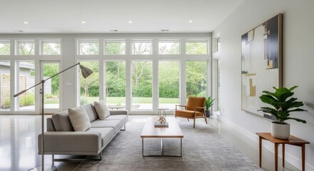 Fototapeta premium Modern living room with large windows and minimalist decor