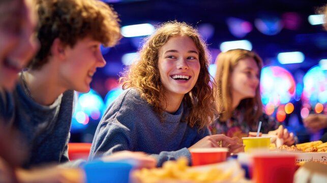 Teen friends laughing in neon arcade while eating fast food and drinks for social media design and poster background
