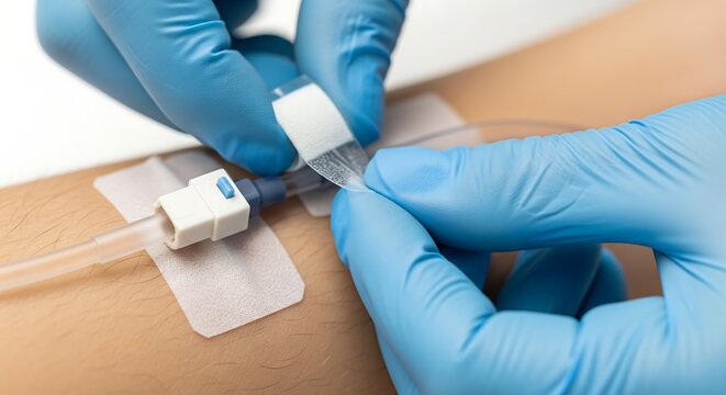 A close-up shot of a healthcare professional in blue gloves preparing or adjusting an intravenous (IV) line inserted into a patient's arm, secured with medical tape.