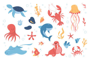 Fototapeta premium Cute sea animals life elements. Vector ocean animals set. Flat cartoon style underwater world wildlife collection for children isolated on white background. Underwater marine life set for kids design.