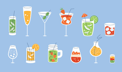 Cocktails and tropical drinks vector set. Alcoholic summer drinks and bar beverages. Modern geometric flat style colorful refreshing cocktail collection for party. Icons beverages with fruit, herbs © Oksana Kabanchuk