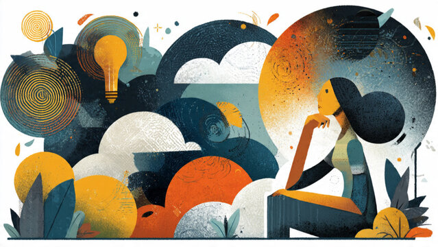 Stylized digital illustration of thinking woman amid abstract clouds and city lights with vibrant colors