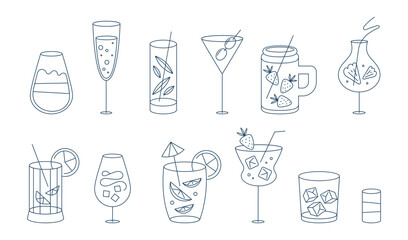 Cocktail outlines vector icon. Summer tropical drinks and bar beverages. Minimalist linear doodle style refreshing aloholic drink collection with fruit, herbs, ice and olives.  © Oksana Kabanchuk