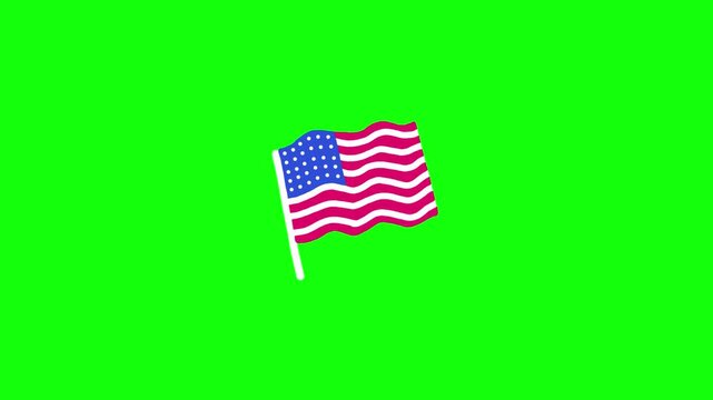 Stylized American flag with magenta-red stripes, royal blue canton and white stars attached to white pole. Isolated on vivid green screen, seamless looping animation, crisp flat vector style.