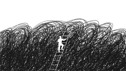 Concept of finding way out of chaos, mental health or overcoming obstacles. Silhouette of man climbing up ladder out of dark tangled messy scribble lines to clean white sky © Iryna