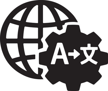 Language translation gear with alphabet symbols icon for multilingual communication and localization tools.