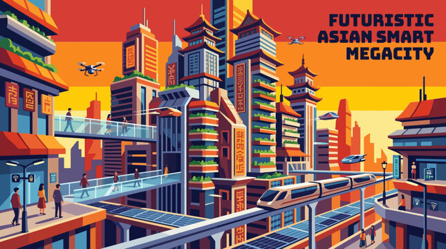 futuristic asian smart megacity environment technology urban climate transformation skyline science civilization vector illustration