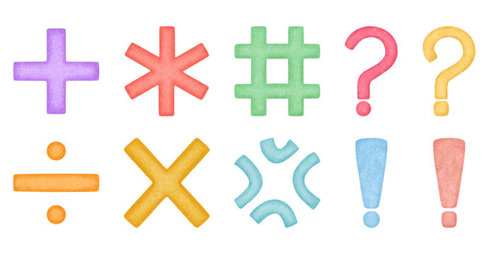 Cute cartoon emotion symbols and math signs PNG set, comic anger vein, question mark, and exclamation point collection