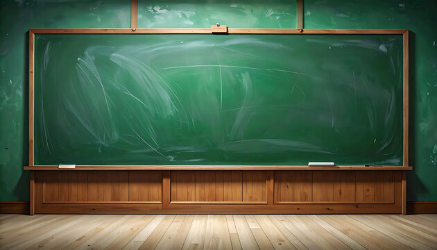 Empty green chalkboard with chalk dust and wooden frame, ready for lesson or presentation, school or classroom setting