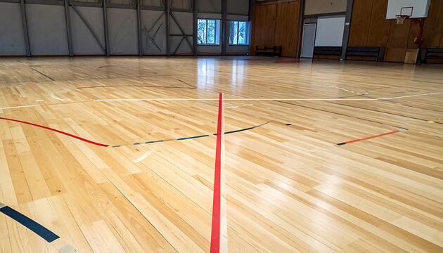 Empty indoor gymnasium floor with colorful court lines, polished wood, and large windows letting in natural light, sports arena