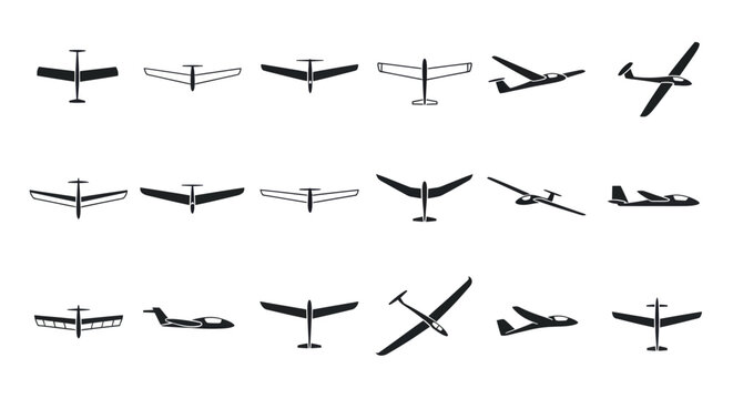 Glider Aircraft Icons Set: Different Views and Types of Sailplanes