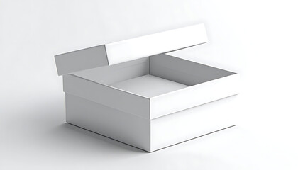 Naklejka premium Empty open white cardboard box with lid slightly ajar, isolated on a clean white surface, clean packaging concept