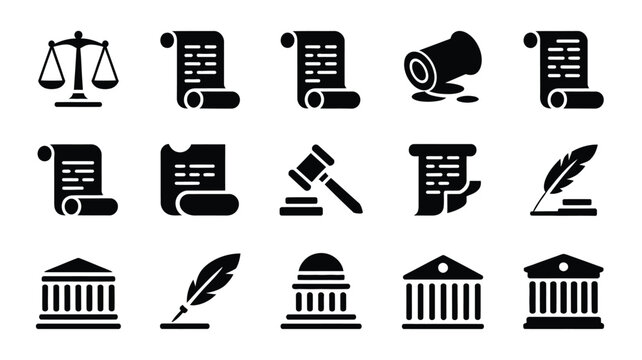 Vector illustration of law icons including scales gavel scrolls quill and courthouse buildings on white background