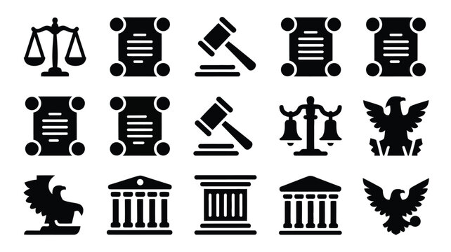Vector icons of law and government symbols including scales gavel documents and courthouse buildings