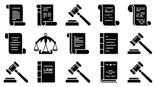 Vintage inspired constitution and law icons set including gavel scales and legal documents on white background