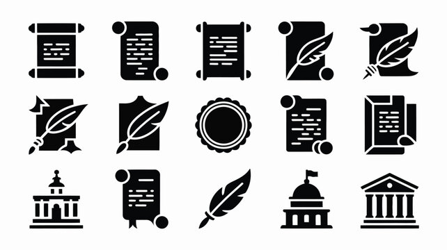 Collection of black silhouette icons representing heritage law and government scrolls feather pens government buildings and seals for legal and historical concepts