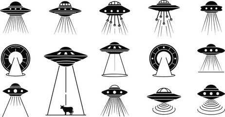 UFO Alien Spaceship Silhouette Icon Set Featuring Light Beams and Cow Abduction for Sci-Fi Graphic Designs © Md shain