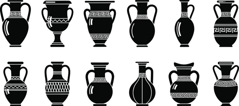 Ancient Greek Amphora and Antique Pottery Vase Silhouette Icon Set with Meander Pattern for History Graphic Designs