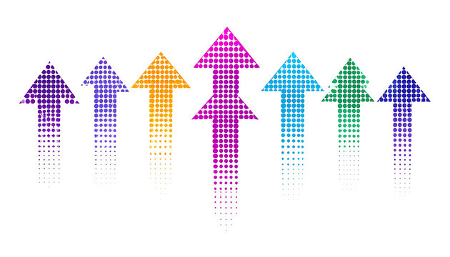 group of colorful arrows pointing upward constructed from digital squares and dots, symbolizing growth and progress
