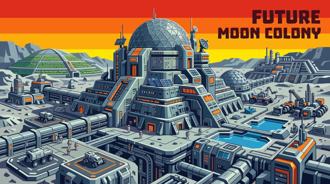 future moon colony civilization landscape vector environment technology science civilization futuristic skyline exploration vector illustration