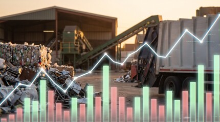 Fototapeta premium Waste management industry financial growth chart with recycling facility and garbage truck concept of circular economy investment commercial ecological business and green technology