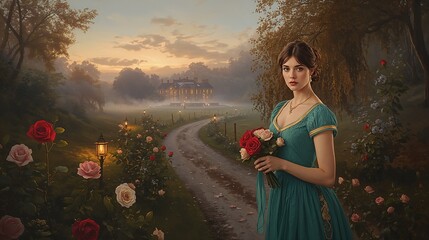 Obraz premium Romantic Regency Woman Holding Roses on Country Estate at Sunset, Elegant Vintage Portrait